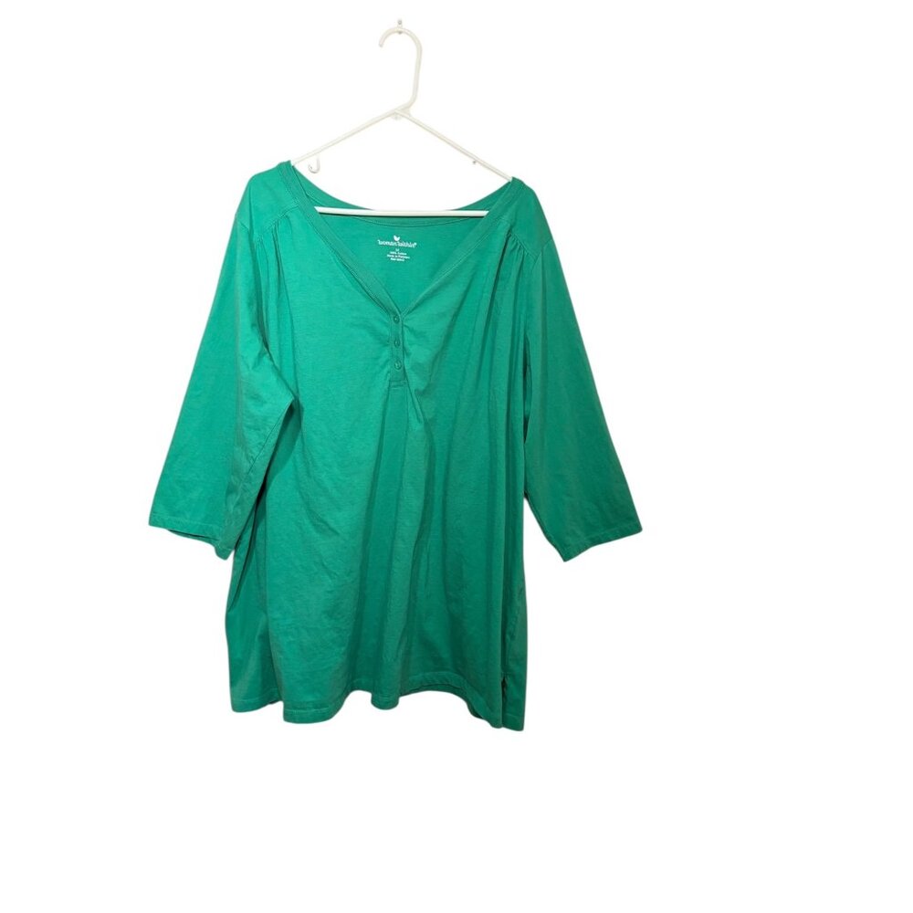 Woman Within 3X Green Cotton 3/4 Sleeve V-Neck Tunic Top Button Details Comfort